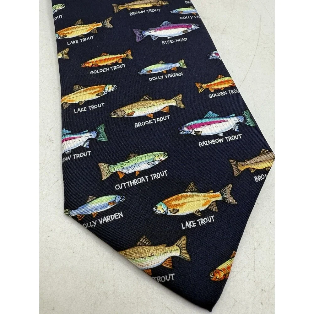 Alynn Neckwear The Trout Family Tie Navy Multicolor Fish 3.25” X 58.5”
